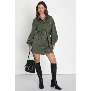 Lulus Competent Charm Olive Green Balloon Sleeve Cargo Mini Utility Dress Size L